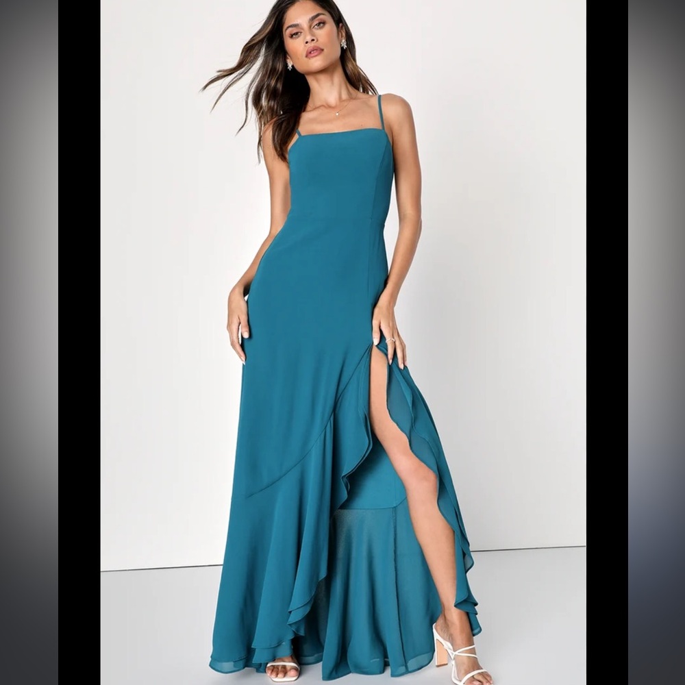 New Unforgettable Allure Dark Teal Backless Tiered Maxi Dress
Lulus size LXL